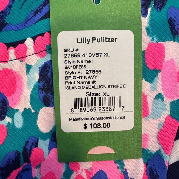 Lilly‎ Pulitzer Women's Size XL Bay Dress Bright Navy Island Medallion Stripe - Picture 3 of 11